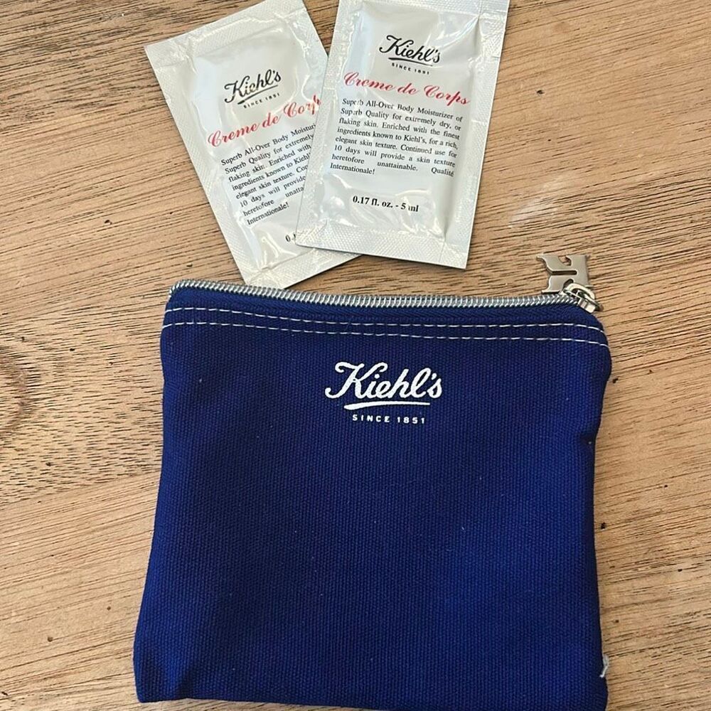 New Kiehls blue pouch and two sample all over body moisturizer cosmetic apothec